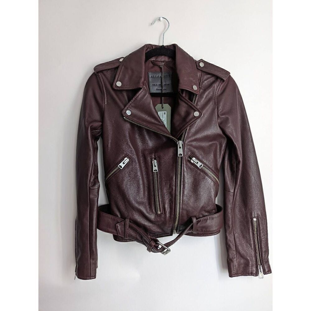 All Saints Balfern Leather Biker Jacket In Deep Berry Size 2